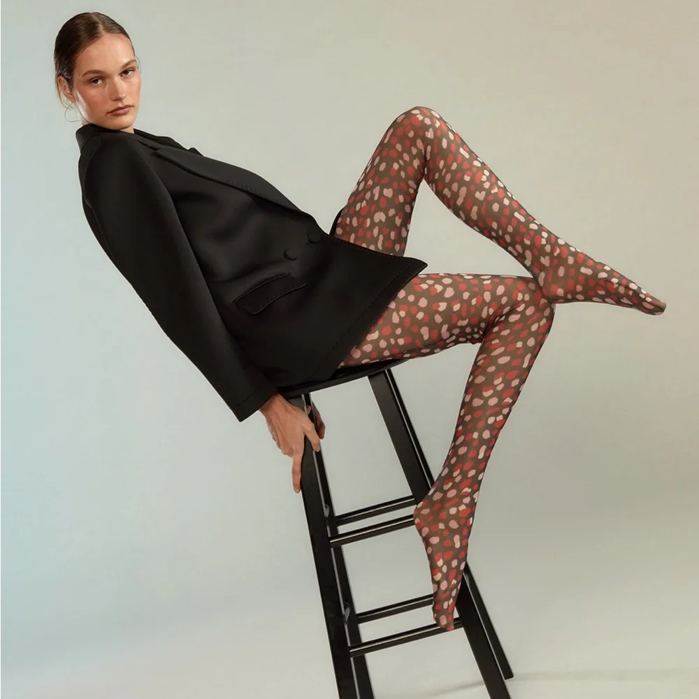 NWT Cynthia Rowley Modern Mesh (semi sheer) tights, waistband, black/red/pink, L